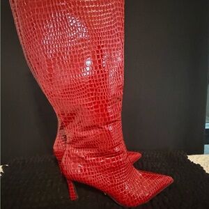BAMBOO Red Croc-Embossed Heeled Boots